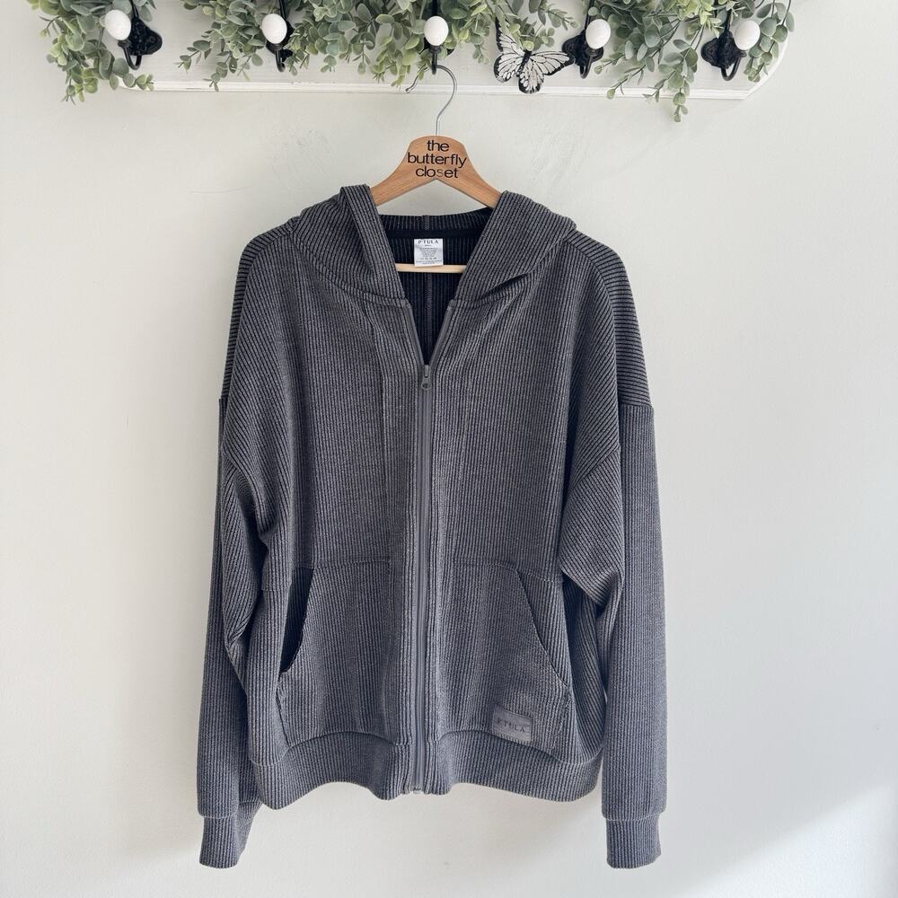 P’tula Grey Ribbed Athletic Jacket W Hood Small Full Zip Oversized KT